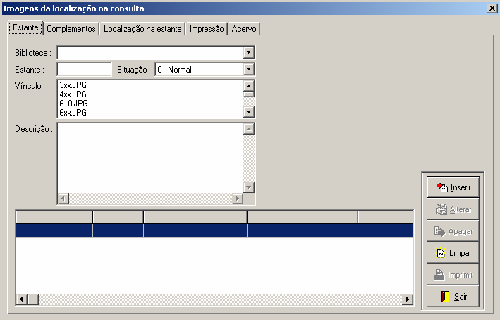 Manual PER-MAN-007 Imagens da Localização na Consulta 8 IMAGENS DA LOCALIZAÇÃO NA CONSULTA Esta tela permite vincular as imagens de localização do material no acervo.