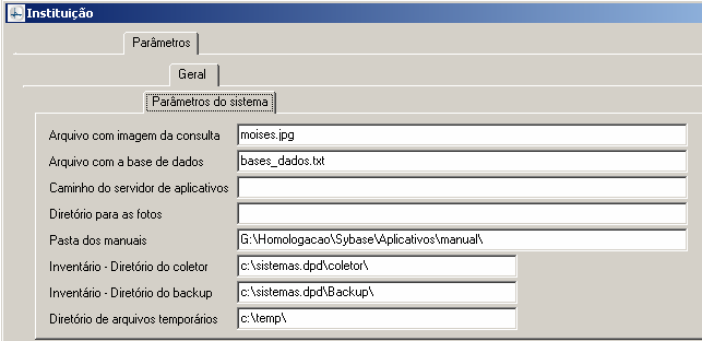 Manual PER-MAN-007 Instituição 1.2.3.3 PARÂMETROS DO SISTEMA Esta tela deve ser preenchida com os caminhos dos diretórios e servidor, utilizado pelo sistema.