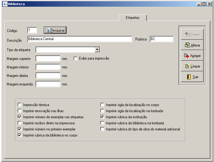 Manual PER-MAN-007 Biblioteca 2.5 Etiquetas Esta pasta permite configurar as etiquetas de acordo com as necessidades de cada Biblioteca. Coloque o código de sua biblioteca.