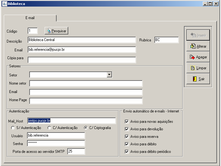 Manual PER-MAN-007 Biblioteca 2.7 E-mail Esta pasta possibilita parametrizar o envio de e-mails por bibliotecas. Cada biblioteca pode definir quais e-mails deseja enviar para seus usuários.