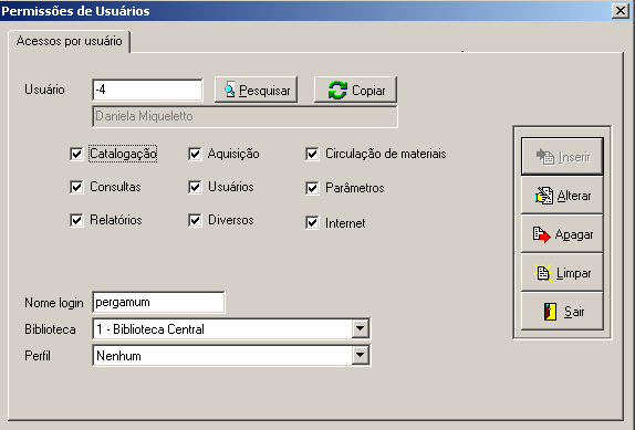 Manual PER-MAN-007 Permissão de Usuários Transferência Exemplar: Habilita acesso à guia Exemplar na tela de Transferência. Esta tela possibilita a alteração dos campos de exemplares em lote.