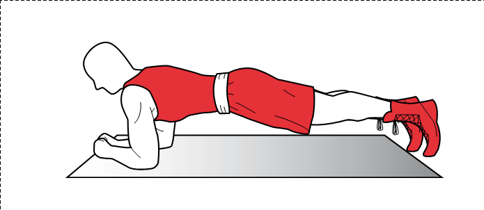 PRANCHA 1. Deitar rente ao solo 2. Posicionar os dois braços dobrados num ângulo de 90 graus e sobre os ombros, com as mãos apontando reto para frente. 3.