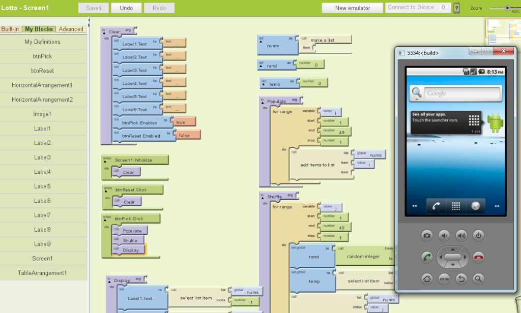 Figura 02. App Inventor: Janela Blocks Editor. Exemplo de Aplicativo e Emulador em Execução 3.
