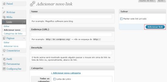 Para finalizar, clique no botão Adicionar link. 7.2 - Criar uma categoria de link Dentro da página, os links podem ser categorizados, o que significa reunir vários links de um mesmo assunto.