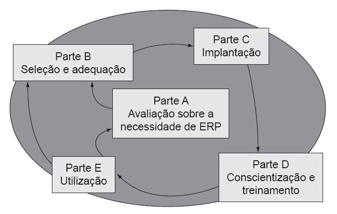 variados segmentos conforme suas características. Mendes e Escrivão Filho (2007) dividiram o ciclo de vida de ERP em cinco etapas, conforme Figura 3.