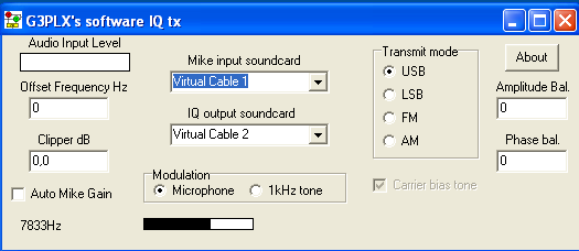 O Software IQTx Áudio - In IQtx Áudio - Out Similarmente à recepção digital pelo SDRadio, o IQ Tx efetua o processo inverso, de gerar os sinais I e Q a partir de uma informação de entrada analógica