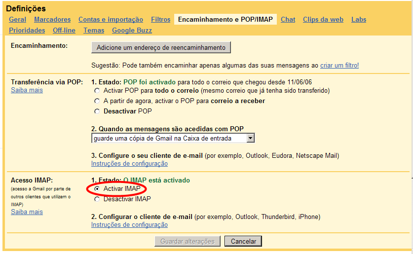 Etapa 14. Faça o login no Gmail e vá para Configurações encaminhamento de POP/IMAP Habilitar IMAP.