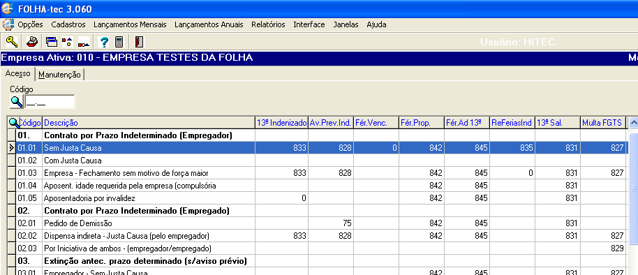 2ª) AUTOMÁTICO: preencher na tabela de causas de rescisão, conforme abaixo.