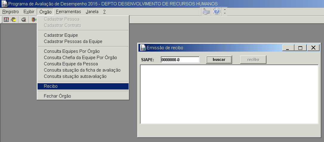 Para emissão do recebido de entrega da AD, a Seção de Pessoal deverá acessar ao Sistema PESPAD. Na guia Órgão, clicar em Recibo.