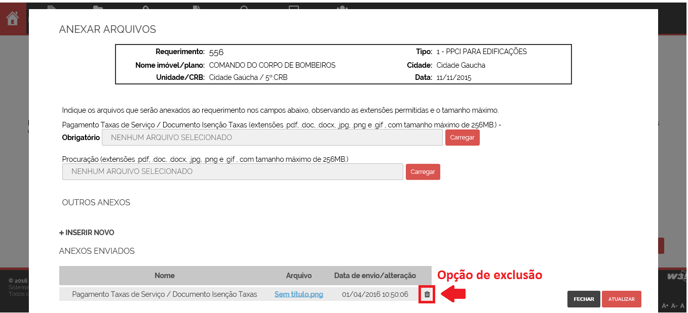 No item Anexos enviados, o usuário tem a opção de excluir o arquivo anexado antes de
