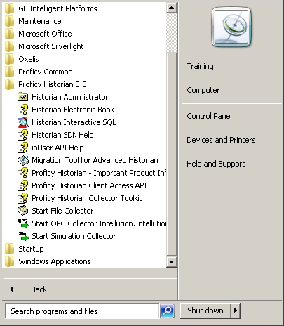 Fundamentos do Proficy Historian GE Intelligent Platforms Descubra algumas das outras ferramentas 1. Vamos começar no grupo de programas Proficy Historian para ver o que está instalado e disponível.