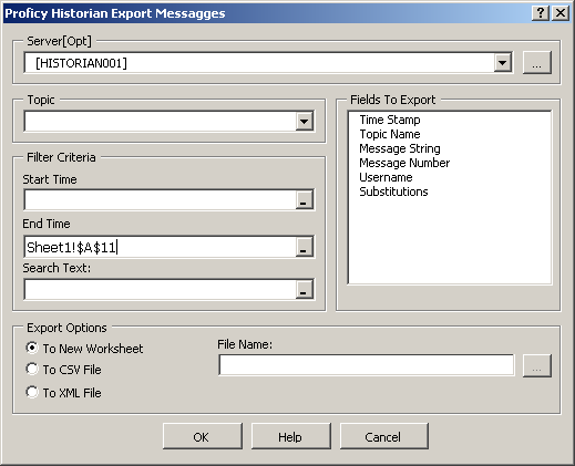 GE Intelligent Platforms Fundamentos do Proficy Historian Export Messages Use o diálogo Export Messages para configurar uma exportação de mensagens do servidor segundo os seguintes parâmetros