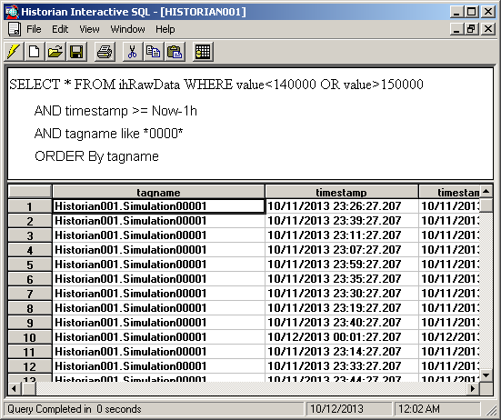 GE Intelligent Platforms Fundamentos do Proficy Historian Executar a consulta e exportar os o s dados para o Excel 1. Clique no botão de executar consulta da barra de ferramentas do Interactive SQL.