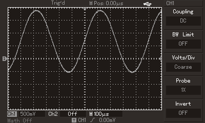 MVB DSO Manual do Usuário 1. Configurando o acoplamento do canal Pegue como exemplo a aplicação de um sinal no CH1. O sinal a ser medido é um sinal que contém uma parte DC.