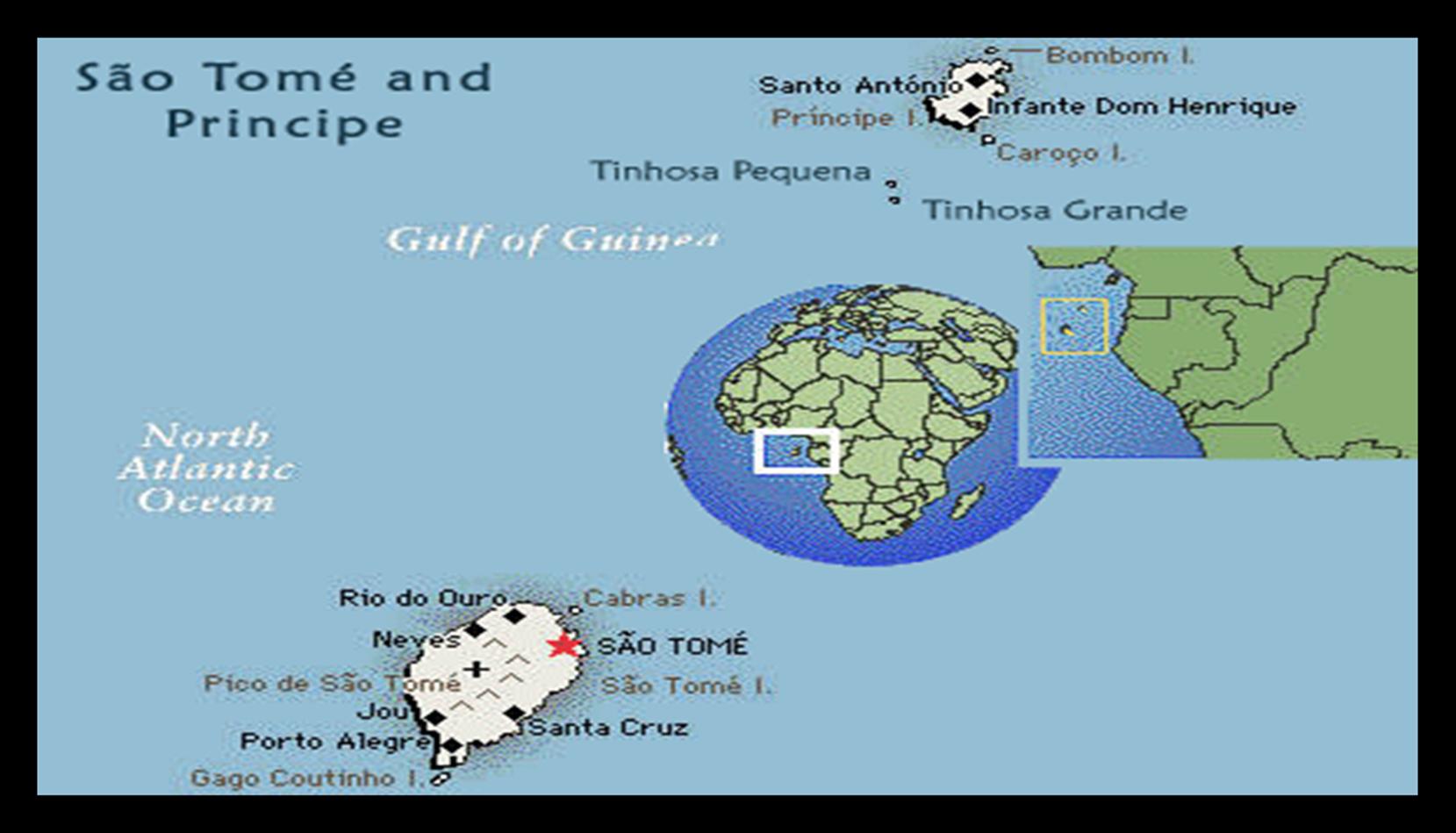 Localizado no Golfo da Guiné, é formado por duas ilhas principais São Tomé (859 Km2) e Príncipe (142 Km2) e várias ilhotas.