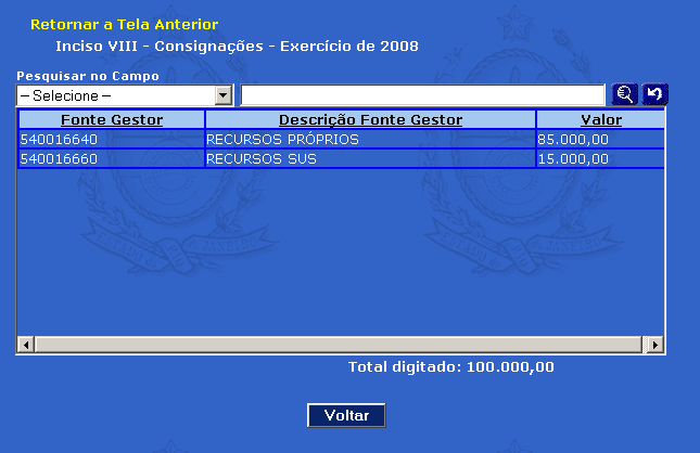 uma tela grade contendo a análise da conta por fonte que foi