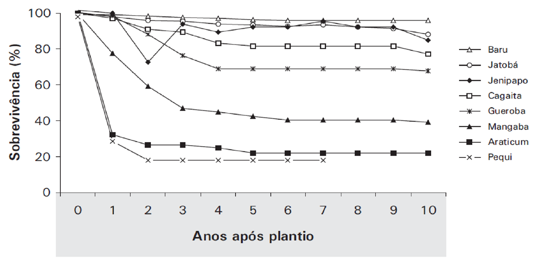 Taxa de Sobrevivência e Produção de Frutíferas do Cerrado Figura 4: Taxa de sobrevivência de espécies nativas do Cerrado, Planaltina, DF. Fonte: SANO, M.S; FONSECA, C.E.L.