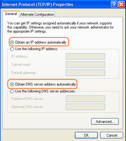 4. Selecione Obtain an IP address automatically ( Obter um endereço de IP automaticamente ) e depois selecione obtain DNS Server Address