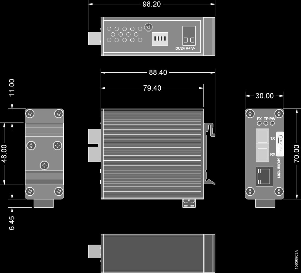 Dimensões Físicas - JC1301-M As dimensões do modulo estão em mm. Manutenção - JC1301-M Indicadores de Diagnósticos LED O conversor tem LEDs para indicar o status da comunicação.