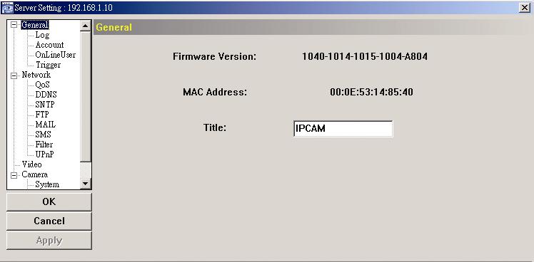 4.1 Geral Em "Geral", você pode verificar as informações gerais para a sua câmara de rede, tais como a versão de firmware e o endereço MAC e também modificar o nome de identificação da