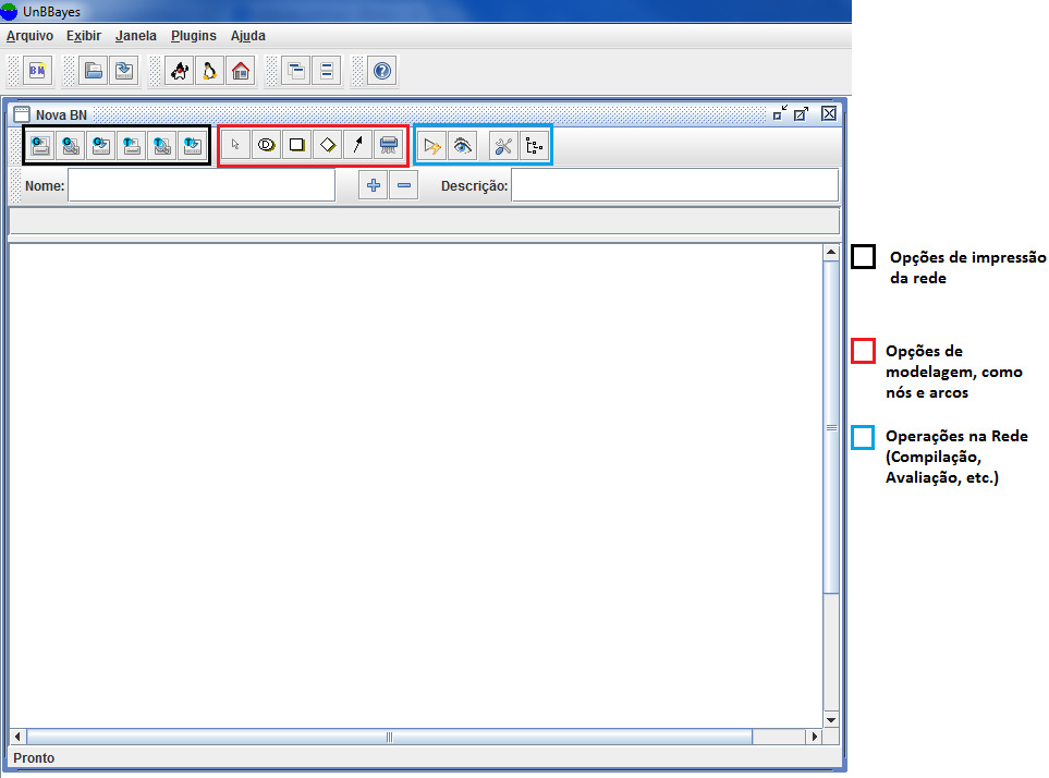 62 Figura 27: Tela principal do UnBBayes Fonte: Elaborada pelo autor Uma nova Rede Bayesiana pode ser criada clicando no atalho BN do menu de atalhos rápidos, ou clicando na opção Arquivo, em seguida