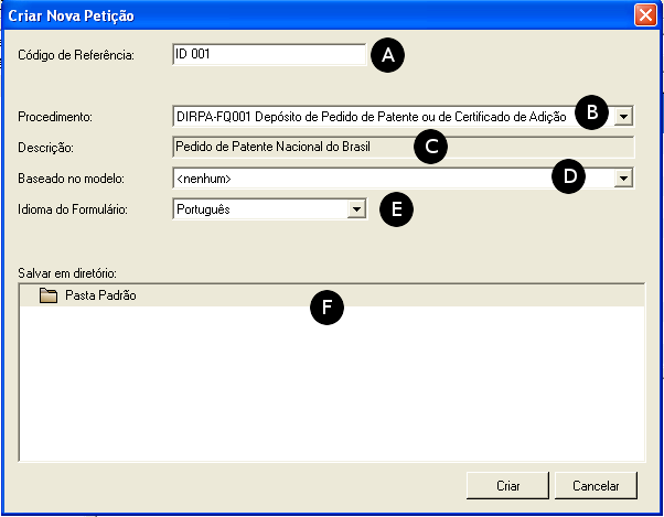 Figura 10: Criação de novos formulários no e-patentes/depósito Editor.