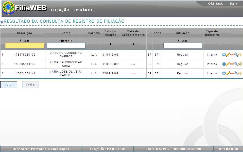 Figura 5 - Resultado da consulta de registro de filiação Ao