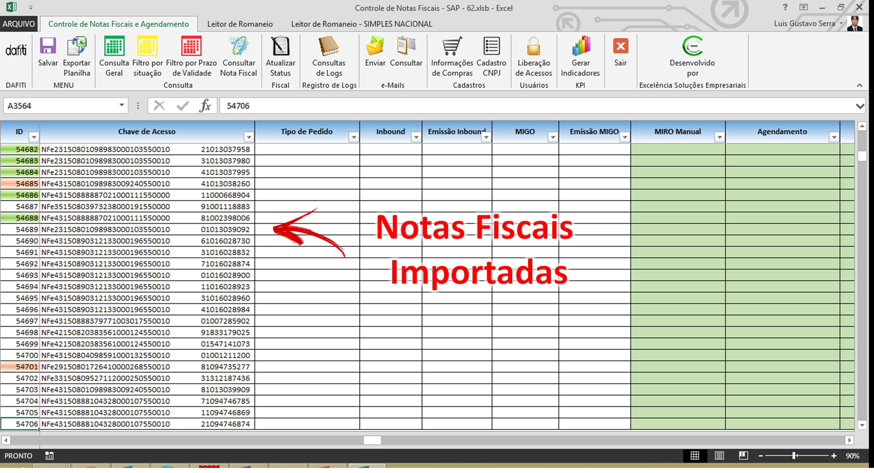 Tela do Controle de Notas As notas fiscais importadas através do Gerenciador de