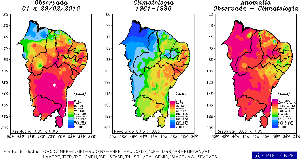 (a) (b) (c) Imagem 3. Espacialização da precipitação (mm) mensal no mês de fevereiro na região Nordeste do Brasil: (a) precipitação acumulada; (b) climatologia; (c) anomalia de precipitação.