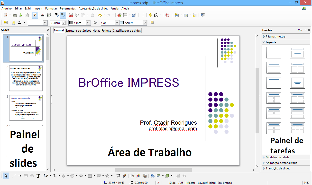 A solução para seu concurso Noções de Informática = 23 LibreOffice - IMPRESS Este aplicativo da suíte LibreOffice é similar ao Power Point da Microsoft e sua função é criar apresentações com Slides