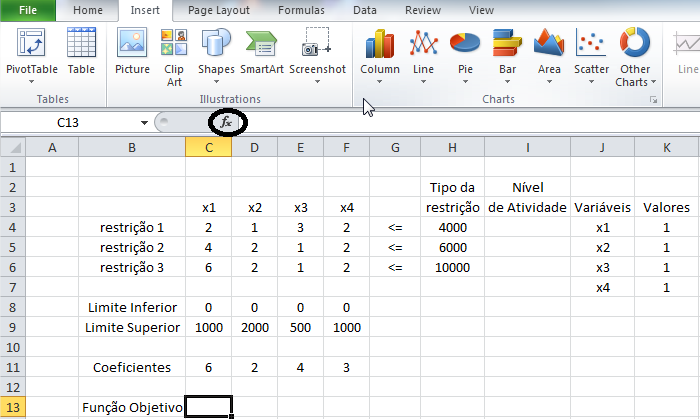 Agora, completar a planilha com as informações "Nível de atividade" e "Função-Objetivo".