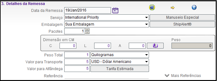 Enviar Minhas remessas Coleta Rastrear Preferências Bancos de dados Enviar Criar etiqueta de envio * Data da Remessa Informe a data de hoje ou no máximo 10 dias no futuro.