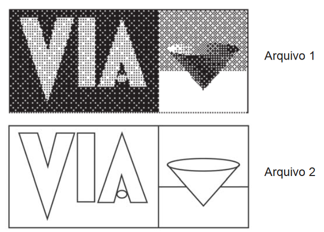 Esse método oblíquo de sugerir profundidade é chamado de: (A) gráfico. (B) cinético. (C) projeção. (D) isométrico. 27 Qual das descrições corresponde aos arquivos apresentados abaixo?