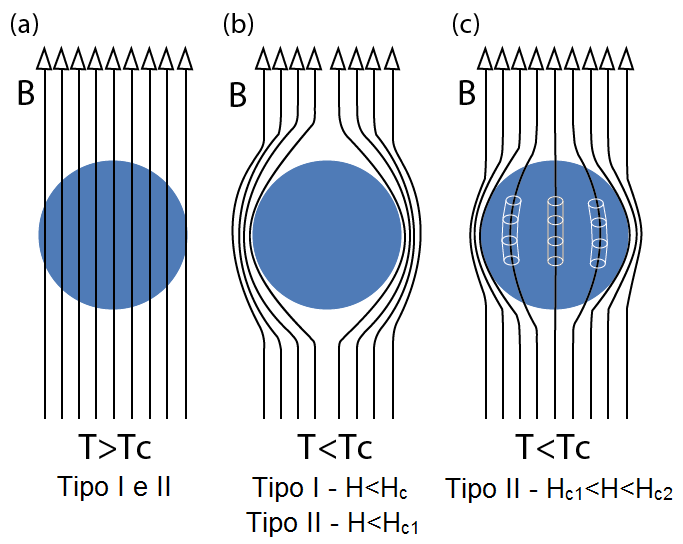 Figura 6: Comportamento do fluxo magnético em supercondutores do tipo I e II para uma temperatura (a) T acima de T c, (b) T abaixo de T c, H<H c (tipo I) e H<H c1 (tipo II) (Efeito Meissner) e (c) T