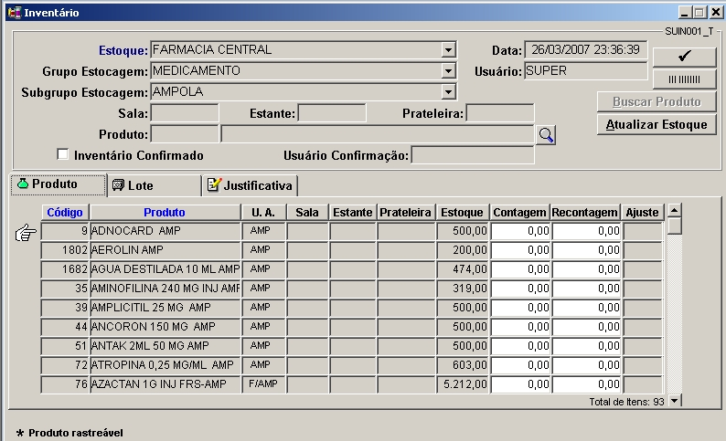 Inventário Menu Inventário/Inventário Para realizar inventário: - Selecionar o estoque a ser inventariado - Poderão ser selecionados filtros para o inventário: Grupo de estocagem, grupo e sub grupo,