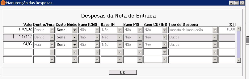 Dados DI: indicar se deverá ser considerado o nº da DI e os dados da adição informados no XML do despachante. Se marcadas as opções será considerado os dados do XML do despachante.