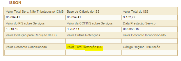 Como podemos observar o item deste faturamento, o valor do ISS foi gerado no campo próprio e não foi informado como retido, o que acreditamos que gere divergência para entendimento da nota fiscal