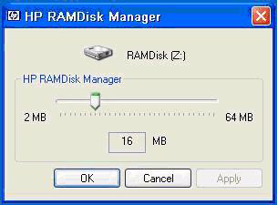 Seleções estendidas do painel de controle HP RAMDisk O RAMDisk é espaço de memória volátil reservada para armazenamento temporário de dados. Ele é a unidade Z mostrada na janela Meu computador.