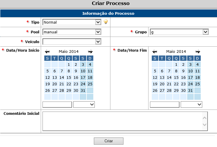 4.2 O processo 4.2.1 Criação Através do clique no link rápido anteriormente referenciado aparecerá o seguinte ecrã: Os três tipos de processo (normal, urgente e registo) estarão disponíveis de acordo