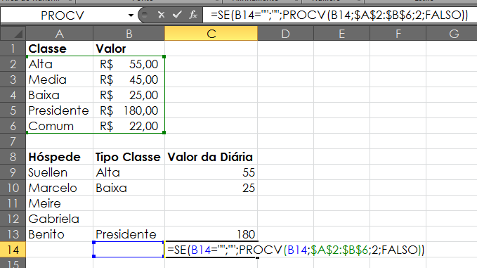 OBS.: Os valores da primeira coluna da Matriz tabela (em verde) não devem conter espaços antes das palavras.