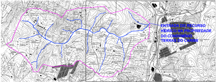 FIGURA 03 - Dimensionamento da área da bacia de contribuição até o ponto de entrada na propriedade do Condomínio Terras do