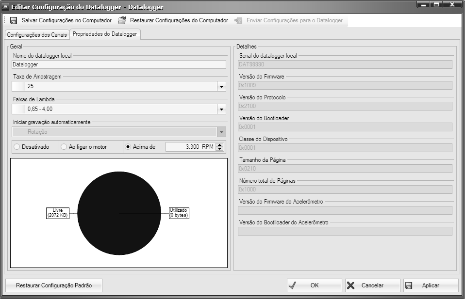 11.3 Propriedades do Datalogger Propriedades do Datalogger está no menu Editar configuração do Datalogger na segunda aba, esta opção mostra informações sobre o WB-O2 Datalogger.