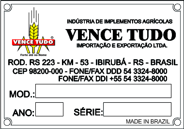 PAMPEANA Arrozeira 9 IDENTIFICAÇÃO Ao entrar em contato com o Serviço de Assistência Técnica VENCE TUDO, queira por favor informar os seguintes dados: MODELO, ANO, e SÉRIE de fabricação do seu