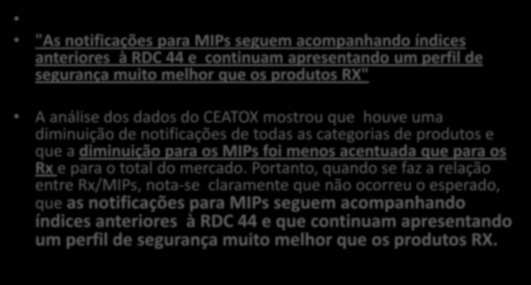 B-Informações de Toxicologia "As notificações para MIPs seguem acompanhando índices anteriores à RDC 44 e continuam apresentando um perfil de segurança muito melhor que os produtos RX" A análise dos