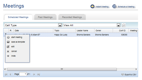 página de reuniões, selecionando o menu da flecha à direita, e depois clicando em Start Meeting (Iniciar reunião). 2.