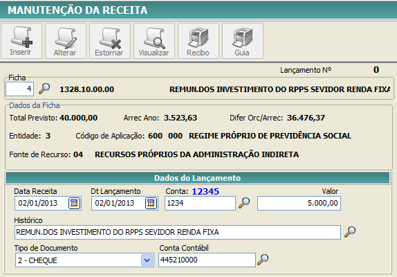 MÊS 1: RENDIMENTOS DE APLICAÇÃO NO VALOR DE R$ 5.000,00 No final do primeiro período, o RPPS obteve, no investimento mencionado, um ganho de rentabilidade no valor de R $ 5.000,00. Para realizar o lançamento desse rendimento no sistema, deve-se acessar, no Módulo Contas, o menu Receita, item 1 Lançamento.