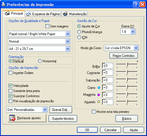 2. Selecione Definições da Impressora. Você verá a janela de propriedades da impressora. 3. Selecione as configurações padrão desejadas para todos os aplicativos e clique em OK.