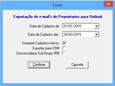 Na janela que se abre, informe o período que deseja exportar os endereços, informando a data de cadastro inicial e a data de cadastro final.