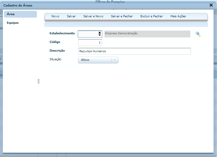 6.Cadastros 6.1. Áreas Para cadastrar as áreas da empresa, acesse Tarefas / Cadastros / Áreas. Clique no botão Novo, e informe a descrição da área.