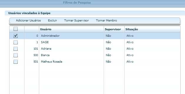 6.3. Usuários Para vincular usuários a equipe, clique em Adicionar Usuários, selecione os usuários e clique em Adicionar Selecionados à equipe.